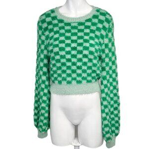 Zara Womens  Fluffy Soft Checkered Crew Neck Crop Puff Sleeve Top Size Small